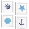 Fangoo Confezione da 4 ornamenti nautici da appendere, decorazione a tema oceano, decorazione da parete 3D costiera con stella marina, conchiglia, ancora e timone, decorazione rustica per il bagno per