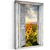 MuchoWow© Stampa di Foto su Tela Quadro Soggiorno Moderno Quadri per | 80x120 cm - Salotto Decorazioni Camera Vista dalla finestra - Girasole - Fiori - Sole