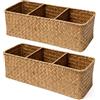 Keboyoe 2 Pz Cestino Naturale Rettangolare Cesto Portaoggetti in Rattan Intrecciato | Cestino Naturale Rettangolare con 3 Scomparti per Organizzazione per Cucina,Conservazione del Bagno(37x12x8cm)