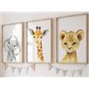 Eviepops Prints Quadri Cameretta Bambini Safari Set di 3 Stampe Animali Elefante, Giraffa, Leone Senza Cornice, Decorazione Parete Cameretta (A4)