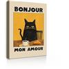 Galmcook Quadro su tela con cornice - Quadro da parete 30 x 40 cm Bonjour Mon Amour con gatto nero, stampa artistica su tela, quadri per soggiorno o camera da letto, quadri moderni con ganci e nastro magico