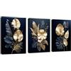 FajerminArt 3 Pcs Fiori blu navy oro Quadri Moderni Stampa su Tela Foglia di Monstera Tropicale pittura su tela poster Quadri su tela Decorazione Murale Soggiorno Camera da letto 150x70cm(50x70cmx3)