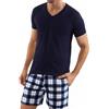 Bresdk Pigiama Uomo Cotone Corto Manica Corta Estivo 2 Pezzi Leggero Maglia | con Scollo a V e Pantaloncini Scozzesi