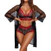 RSLOVE Set di Biancheria Intima da Donna 3 Pezzi Kimono in Pizzo con Reggiseno e Slip Trasparenti