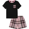 thepyjamafactory Pigiama da Bambina in Cotone Corto con Gamba Scozzese Nera e Rosa per Bambini