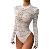 TouKingda Body da donna in pizzo floreale trasparente, sexy, a metà collo, maniche lunghe, vestibilità aderente, tuta modellante con ricamo in pizzo casual con chiusura a scatto