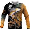 HuazomeeHZM Moda Harajuku Uomo Felpa con Cappuccio Love Brown Trota Pesca 3D Stampato Felpa con Cappuccio Manica Lunga Pullover Cerniera Giacca Cappotto