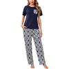 Bresdk Pigiama Donna Cotone Manica Corta Pigiami Due Pezzi da Donna Morbido e Leggero Pantaloni a Quadri Set Pigiama da Notte Estivo Lungo