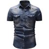 Chahuer Camicia di Jeans da Uomo Estate retrò Casual Slim Fit Manica Corta Bavero Camicie di Jeans Blu Scuro S