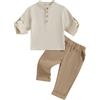 LYSINK Bambini Ragazzi Autunno Cotone Lino Abiti 2 Pz Bottoni Maniche Lunghe Camicie Elastico Vita Pantaloni Abbigliamento Set