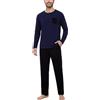 Bresdk Pigiama Uomo Cotone Lungo con Collo Serafino | Taschino a Contrasto, Pantaloni Tinta Unita con Vita Elasticizzata, Coulisse E Due Tasche Laterali