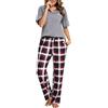 Bresdk Pigiama Donna Cotone Manica Corta Pigiami Due Pezzi da Donna Morbido e Leggero Pantaloni a Quadri Set Pigiama da Notte Estivo Lungo