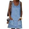 SUIUOI Abito corto da donna, slim fit, in denim, con scollo a U, senza maniche, linea ad A, abito estivo casual, Azzurro, S