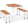 Drillkyn Tavolo da campeggio pieghevole con 2 panche in alluminio e MDF marrone, 90 x 60 x 70 cm, pieghevole con maniglia per il trasporto, salvaspazio, per campeggio, picnic, escursioni e festival