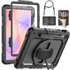 SEYMAC Cover per Samsung Galaxy Tab S10 Lite/S10 FE/S9 FE 10,9/S9, Nero | Custodia Antiurto con Pellicola Protettiva, Supporto Girevole a 360° e Cinghia da Mano, Tracolla, Portapenne e Robusta
