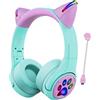 Riwbox Cuffie Bluetooth bambini, CF9 Cat Ear con luce LED, microfono Boom e microfono incorporato per chiamate, cuffie per bambini senza fili e cablate 85dB per la scuola, tablet e PC (verde)