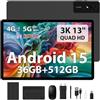 LEVIRTU Tablet 13 Pollici Android 15 con Octa-Core 2.2GHz/36GB RAM+512GB ROM(TF 2TB) Dual SIM 4G LTE+5G WiFi, 11580mAh/18W PD/2944x1840 FHD/Widevine L1/13MP/BT5.0/GPS, Con Tastiera/Mouse/Nero