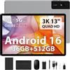 FLYCOAY Android 16 Tablet 13 Pollici Octa-Core 2.2GHz/36GB RAM+512GB ROM(TF 2TB) con Dual SIM 4G LTE+5G WiFi, 11580mAh/18W PD/2944 * 1840 FHD/Widevine L1/13MP/BT5.0/GPS, Con Tastiera/Mouse/Grigio