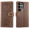 Lensun Cover in Pelle Vera per Samsung S24 Ultra- Marrone Scuro Retrò | Cover in Vera Pelle Libro con Portafoglio [RFID Blocking] Chiusura Magnetico Flip Custodie Cuoio per Samsung S24 Ultra