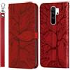 AsWant Custodia Xiaomi Redmi 9 Custodia in Pelle PU con Albero in Rilievo Case Folio Flip Portafoglio Custodia per Telefono Funzione Stand Cover Magnetica per Xiaomi Redmi 9 - Rosso