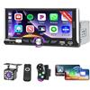 Hikity 1 Din FM Schermo Tattile Autoradio con Wireless Carplay Android Auto | HD 6.9 Pollici con Bluetooth Retroilluminazione Multicolore Telecamera di Retromarcia Registratore Video Digitale EQ AUX