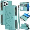 Generic Custodia a portafoglio in ecopelle PU con farfalla e fiori per iPhone 12/12 Pro/12 Pro Max/12 mini, chiusura con cerniera, chiusura magnetica, cordino e slot per carte di credito (iPhone12ProMax-verde