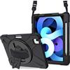 ProCase Cover iPad Air 5/4 Generazione 2022/2020 10,9 Pollici, Rugged Robusta Ibrida Antiurto Cover Rigida con Tracolla a Mano e Cavalletto Rotante -Nero