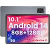 Azeyou Tablet Android 14 da 10,1, Processore Octa Core A523, 8GB+128GB+1TB di Espansione, Batteria da 6000mAh, Schermo IPS 1280x800, WiFi 6, Doppia Fotocamera, Sblocco Faccia, Widevine L1, GMS