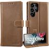 Lensun Cover in Pelle Vera per Samsung S22 Ultra- Marrone Scuro Retrò | Custodia in Vera Pelle Libro con Portafoglio Chiusura Magnetico Flip Custodie Cuoio