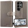 Lensun Cover in Pelle Vera per Samsung Galaxy S24 Ultra- Grigio Marrone | Cover in Vera Pelle Libro con Portafoglio [RFID Blocking] Flip Custodie Cuoio