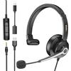 Wantek Mono Cuffie con microfono,USB/Tipo C/3,5 mm jack 3 in 1 Cuffie con Filo PC,con riduzione del rumore e regolazione del volume per Call Center, Skype, Zoom, Home Office, corsi online