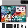 LEVIRTU Tablet 13 Pollici Android 15 con Octa-Core 2.2GHz/36GB RAM+512GB ROM(TF 2TB) Dual SIM 4G LTE+5G WiFi, 11580mAh/18W PD/2944x1840 FHD/Widevine L1/13MP/BT5.0/GPS, Con Tastiera/Mouse/Grigio