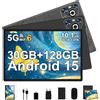 Dghrti 10 Pollici, Tablet Android 15, 30GB+128GB [8000mAh/TF 2TB Espandibile]-Nero | 5G WIFI, BT5.0, 8MP+5MP, OTG, Widevine L1, Face ID,Corpo in Metallo, Tablets con Custodia Protettiva, Mouse, Tastiera