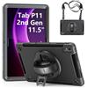 Gerutek Cover per Lenovo Tab P11 2nd Gen 11.5 Pollici 2023, Nero | Custodia Robusta Antiurto con Supporto Girevole a 360°, Cinghia per Mano/Spalla, Portapenne