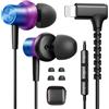 iMangoo Spina ad angolo di 90° certificata MFi per cuffie Lightning con cavo, viola | Auricolari con cavo con caso/microfono/controllo del volume per Apple iPhone 14 Plus 13 12 11 Pro Max 8 7 Xs XR SE per