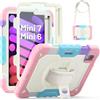 SEYMCY Custodia per iPad Mini 7/6 per bambini da 8,3 pollici (A17 Pro 2024 | Corpo integrale antiurto con pellicola protettiva, supporto girevole a 360° e cinturino da polso, tracolla, portapenne, rosa