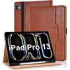 Vkooer Custodia per iPad Pro 13 Pollici M4 (2024) Cover Protettiva Pelle PU con Tasca Frontale, Auto Attivazione/Standby con Pencil Holder, Supporto Funzione Flip Tasca Case - Marrone