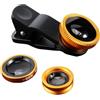 Generic Accessorio universale per obiettivo fotocamera - 180° Fisheye + Macro & Grandangolo 3 in 1 Clip-On Lens per smartphone, copriobiettivo fotocamera adatto per iPhone e Android, oro