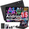 fezawio Tablet Android 15 Gemini AI 10 pollici, 30GB+64GB,6000mAh,Widevine L1, nero | Mouse + tastiera + custodia in pelle, audio da 3,5 mm / GMS / Wi-Fi 6 e Bluetooth 5.0 / 6000 mAh / GPS