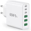 CANRNYACBZ Caricatore USB C 65W GaN, Caricatore Rapido 6 Porte con 3 USB C PD e 3 USB A, Caricatore Multiplo USB C da Muro per iPhone 16/15/14/13, Samsung Galaxy S25/S24, iPad, Tablet, MacBook