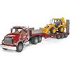 bruder 02813 - Camion MACK Granite con rimorchio ribassato | Autotrasportatore pesante con retroescavatore JCB 4CX, veicoli da cantiere, escavatore, giocattolo dai 3 anni in su, 1:16