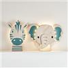 Lights4fun Set di 2 lampade da parete a LED, elefante, zebra, telecomando, timer, batteria, decorazione per cameretta dei bambini