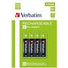 VERBATIM Batterie ricaricabili Premium 4 batterie AAA - 1,2V 950mAh - Pile ricaricabili NiMH HR03 - Low Self Discharge - Batterie ministilo pre-caricate per controller giochi fotocamera ecc