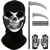 SHOWHEEL Maschera per Passamontagna di Halloween, Poliestere Bandana, Guanti Scheletro, Falce per Costume Cosplay, Carnevale, Party, Sport all'Aria Aperta
