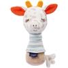 Fehn 053128 Sonaglio di peluche con giraffa, a bastoncino, giocattolo per bambini con sonaglio e ricamo Glow-in-the-dark fosforescente, per bambini da 0+ mesi, dimensioni 14 cm