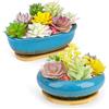 ARTKETTY Vasi per piante grasse, vasi per piante grasse in ceramica con vassoio di drenaggio in bambù, 1 vaso da fiori rettangolare + 1 vaso rotondo per cactus bonsai da interno (blu)