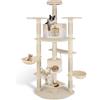 tectake® Tiragraffi per Gatti, Albero con 2 Casette, 4 Piattaforme, Tiragraffi con Amaca per Gatti, Albero con Conche Orientabili e Cordicella per Gioco - 201 cm - Beige/Bianco