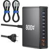 sccvee Caricatore USB C da 800W, caricabatterie GaN con 10 porte USB e 2 cavi C-a-C da 240W lunghi 2m ciascuno, caricabatterie multiple compatibile con MacBook Pro/Air/Dell/iPhone/Galaxy/tablet/cellulari