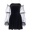 Black Sugar - Vestito nero confortevole in velluto, spalle nude, con maniche nere, pizzo semi trasparente, gotico, rosa, alla moda, da donna, a maniche tunica, da sera