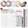 MaoXinTek Kit di nail art con 15 pennelli per smalto per unghie e 5 penne strumenti per punteggiatura e 4 scatole con strass e 10 nastri a strisce per manicure adesivi per unghie e diamanti decorativi